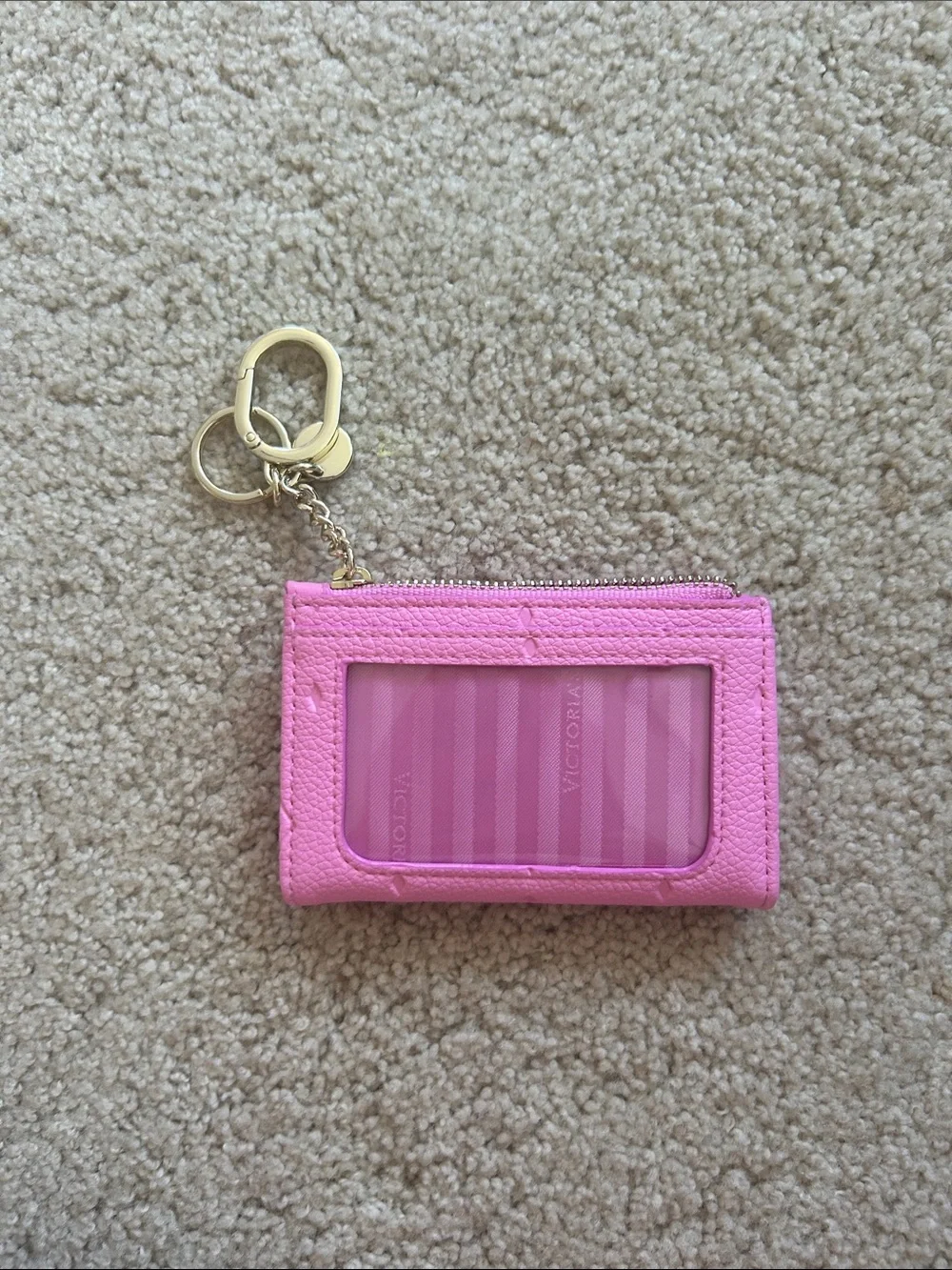 PINK Victoria's Secret Embossed Pink Zip Key & Card Holder with Gold Hardware